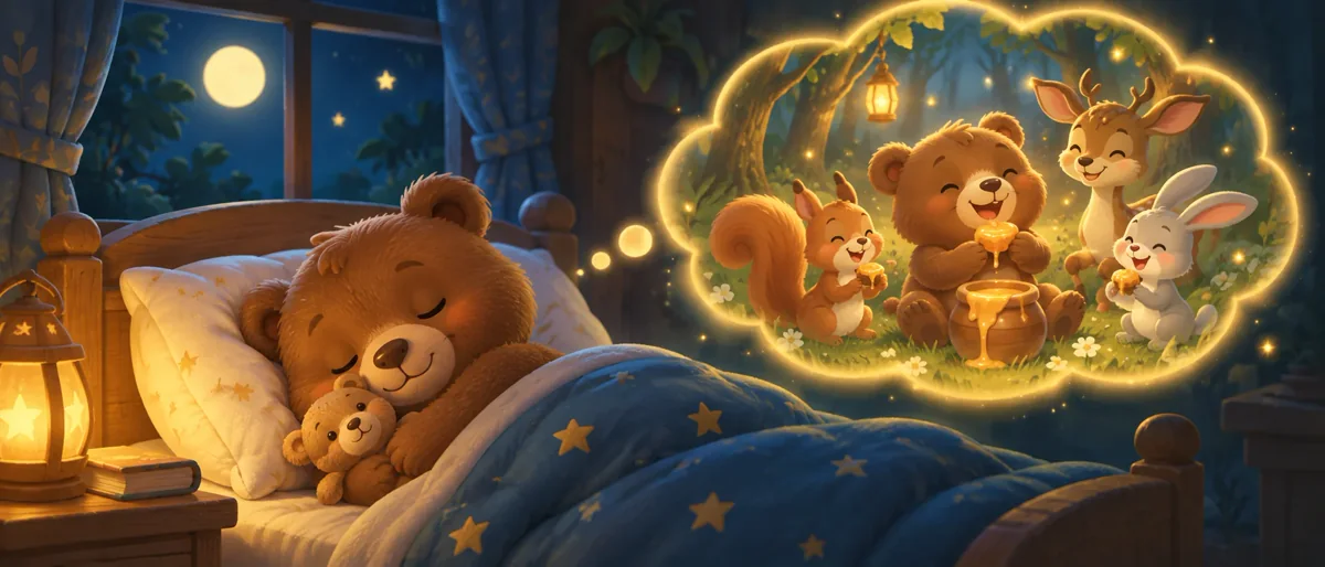 A sleepy little bear with his teddy bear